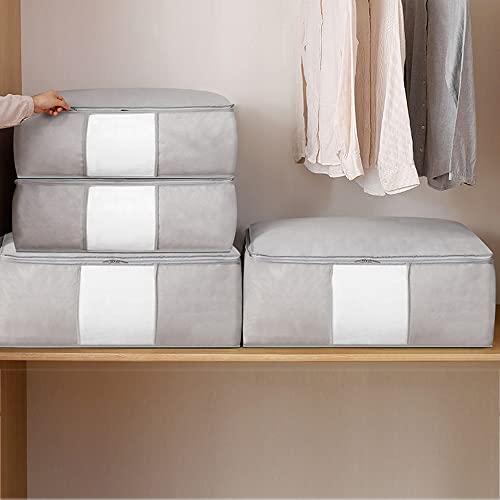 FYY 2 Pack Clothes Storage Bag, Double Zipper Storage Bag Clothes Organizer with Clear Window for Blanket, Sweaters, Coat, Clothes, Bed Sheet-2 Medium-Grey