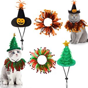 amylove 4 pcs cat halloween christmas costume suit tutu collar pumpkin witch christmas green shiny tree hat cat apparel pet wizard clothes witch cosplay cloak small dogs cats