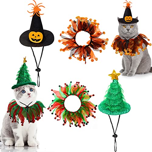 Amylove 4 Pcs Cat Halloween Christmas Costume Suit Tutu Collar Pumpkin Witch Christmas Green Shiny Tree Hat Cat Apparel Pet Wizard Clothes Witch Cosplay Cloak Small Dogs Cats