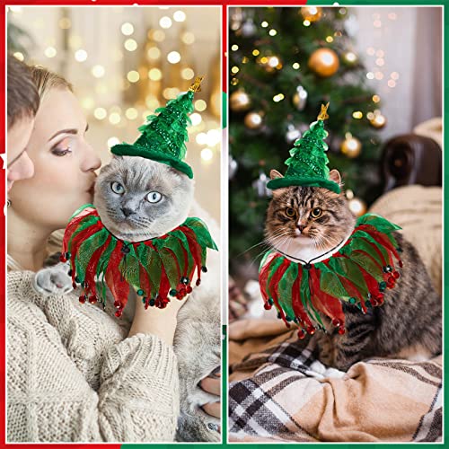 Amylove 4 Pcs Cat Halloween Christmas Costume Suit Tutu Collar Pumpkin Witch Christmas Green Shiny Tree Hat Cat Apparel Pet Wizard Clothes Witch Cosplay Cloak Small Dogs Cats