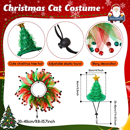 Amylove 4 Pcs Cat Halloween Christmas Costume Suit Tutu Collar Pumpkin Witch Christmas Green Shiny Tree Hat Cat Apparel Pet Wizard Clothes Witch Cosplay Cloak Small Dogs Cats