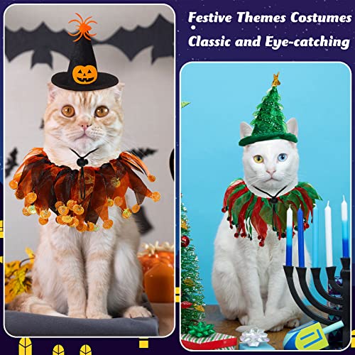 Amylove 4 Pcs Cat Halloween Christmas Costume Suit Tutu Collar Pumpkin Witch Christmas Green Shiny Tree Hat Cat Apparel Pet Wizard Clothes Witch Cosplay Cloak Small Dogs Cats
