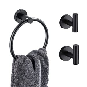 derkar black towel ring with 2 wall hooks for bath room, screw-mounted hand towel ring & hook made of durable 304 stainless steel, the best holder for bathroom, bedroom, kitchen