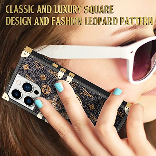 WOLLONY for iPhone 14 Pro Max Square Case, Luxury Elegant Phone Case with Kickstand Ring Stand for Women Girls Soft TPU Metal Edges Shockproof Protective Cover for iPhone 14 Pro Max 6.7" Brown