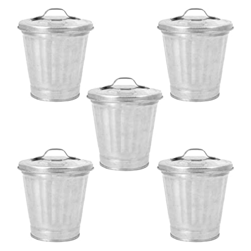 DOITOOL 5Pcs Galvanized Trash Can with Lid Mini Desktop Wastebasket Metal Garbage Bin Pen Holder Flowerpot Metal Utility Pail Small Buckets Organizer Kitchen Countertop Trash Containers