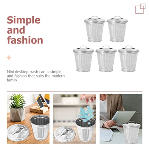 DOITOOL 5Pcs Galvanized Trash Can with Lid Mini Desktop Wastebasket Metal Garbage Bin Pen Holder Flowerpot Metal Utility Pail Small Buckets Organizer Kitchen Countertop Trash Containers