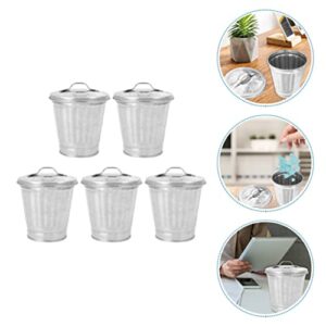 DOITOOL 5Pcs Galvanized Trash Can with Lid Mini Desktop Wastebasket Metal Garbage Bin Pen Holder Flowerpot Metal Utility Pail Small Buckets Organizer Kitchen Countertop Trash Containers