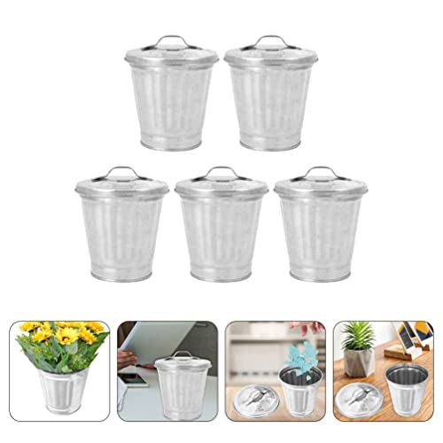 DOITOOL 5Pcs Galvanized Trash Can with Lid Mini Desktop Wastebasket Metal Garbage Bin Pen Holder Flowerpot Metal Utility Pail Small Buckets Organizer Kitchen Countertop Trash Containers