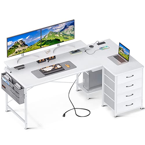 KKL 63 inch L Shaped Computer Desk with USB Charging Port & Power Outlet, L-Shaped Corner Desk with 4 Tier Drawer & Monitor Shelf for Home Office Workstation, Modern Style Writing Table, White