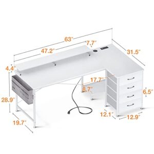 KKL 63 inch L Shaped Computer Desk with USB Charging Port & Power Outlet, L-Shaped Corner Desk with 4 Tier Drawer & Monitor Shelf for Home Office Workstation, Modern Style Writing Table, White