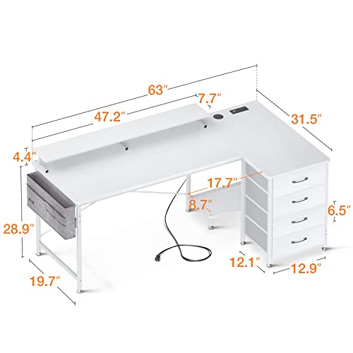 KKL 63 inch L Shaped Computer Desk with USB Charging Port & Power Outlet, L-Shaped Corner Desk with 4 Tier Drawer & Monitor Shelf for Home Office Workstation, Modern Style Writing Table, White