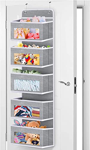 TASIXUN Over Door Hanging Organizer, 5-Shelf Wall Mount Foldable Storage for Bedroom or Kitchen, Clear Window Large Pockets for Storage Cosmetics, Stationery, Sundries (Grey, 5 Layers)