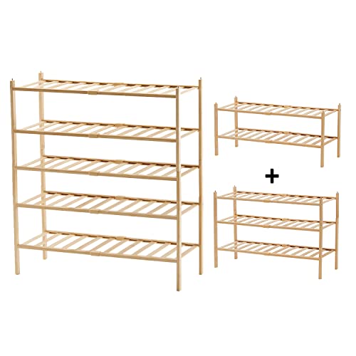 Dikolre Shoe Rack Organizer for Closet Entryway, 5-Tier Bamboo Stackable Shoe Rack Small Shoe Storage for Dorm Front Door Wooden Shoe Shelf, Natural