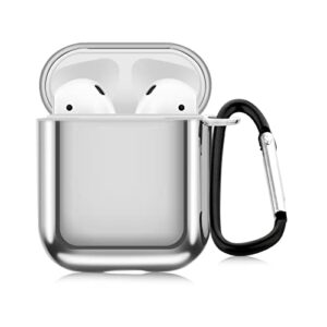 mzelq for airpods 1 & 2 case with keychain cute soft tpu plating design shockproof full protective smooth surface cover with anti-lost carabiner accessories for women girls (silver)