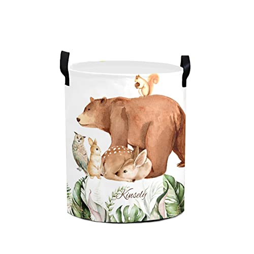 Woodland Animals Personalized Laundry Basket Clothes Hamper Storage Handle Waterproof, Custom Laundry Round Collapsible Capacity for Bedroom Bathroom Toy Decoration