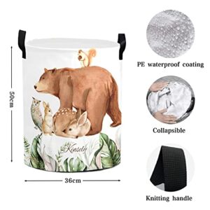 Woodland Animals Personalized Laundry Basket Clothes Hamper Storage Handle Waterproof, Custom Laundry Round Collapsible Capacity for Bedroom Bathroom Toy Decoration