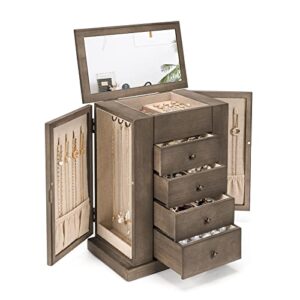 emfogo jewelry box for women, 5 layer large wood jewelry boxes & organizers for necklaces earrings rings bracelets, rustic jewelry organizer box with drawers and mirror(weathered gray)