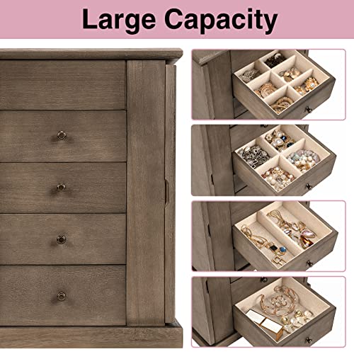 Emfogo Jewelry Box for Women, 5 Layer Large Wood Jewelry Boxes & Organizers for Necklaces Earrings Rings Bracelets, Rustic Jewelry Organizer Box with Drawers and Mirror(Weathered Gray)