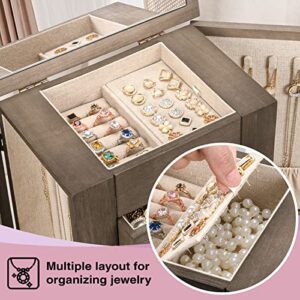 Emfogo Jewelry Box for Women, 5 Layer Large Wood Jewelry Boxes & Organizers for Necklaces Earrings Rings Bracelets, Rustic Jewelry Organizer Box with Drawers and Mirror(Weathered Gray)