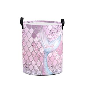 mermaid glitter scales personalized laundry basket clothes hamper storage handle waterproof, custom laundry round collapsible capacity for bedroom bathroom toy decoration