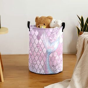 Mermaid Glitter Scales Personalized Laundry Basket Clothes Hamper Storage Handle Waterproof, Custom Laundry Round Collapsible Capacity for Bedroom Bathroom Toy Decoration