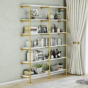 maikailun 6-tier 60 inch industrial pipe shelving, gold bookshelf, white and gold shelves, modern bookcase metal mid century open wall mount decor retail shelving for living room(59.1x9.8x84.6)