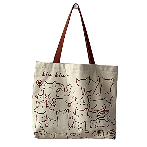 Komociya Cute Cat Canvas Tote Bag Aesthetic with Zipper for Women, Reusable Canvas Tote Bag for Grocery Shopping