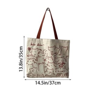 Komociya Cute Cat Canvas Tote Bag Aesthetic with Zipper for Women, Reusable Canvas Tote Bag for Grocery Shopping