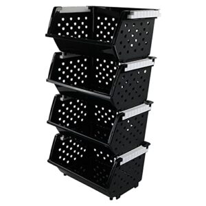 wekioger 4 pack plastic stackable storage baskets, large stacking bins for organizer, black