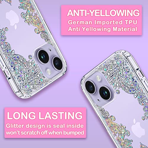 Coolwee Anti Yellowing Clear Glitter Compatible iPhone 14 Case, 6.1 inch, Military Grade Drop Protection Slim Crystal Lace Bling Floral Hard PC Soft TPU Bumper Cover Mandala Henna