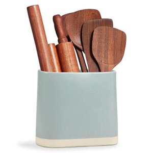 onemore ceramic utensil crock, large kitchen utensil holder for countertop, farmhouse cooking utensil organizer with cork mat for kitchen counter, oval utensil storage caddy for spatula, light blue