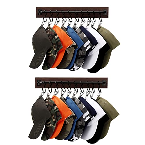 Kingmate 2-Pack Hat Rack for Wall Baseball Cap Organizer Hanger with 20 Hooks & 10 Clips, Wood & Solid Metal Rust-Proof - Black