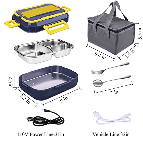 Electric Lunch Box Food Heater 3-in-1 for Car&Office - 60W Warms Flexible 12/24/110 Volts. 1.5 Liter, 3 Compartments, Stainless Steel,Durable,Leakproof,Safe & for Fresh,Hot Meals Boxes for Adults