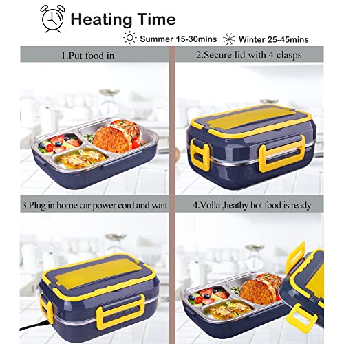 Electric Lunch Box Food Heater 3-in-1 for Car&Office - 60W Warms Flexible 12/24/110 Volts. 1.5 Liter, 3 Compartments, Stainless Steel,Durable,Leakproof,Safe & for Fresh,Hot Meals Boxes for Adults