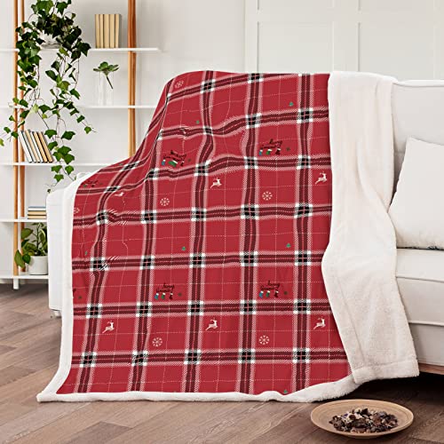 Menghomeus Christmas Sherpa Throw Blanket - Red Xmas Holiday Plaid Fleece Blanket - Flannel Plush Blanket for Couch Bed Sofa, 60" X 80"