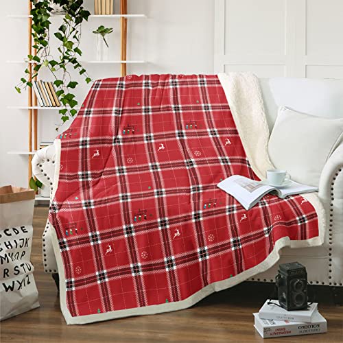 Menghomeus Christmas Sherpa Throw Blanket - Red Xmas Holiday Plaid Fleece Blanket - Flannel Plush Blanket for Couch Bed Sofa, 60" X 80"