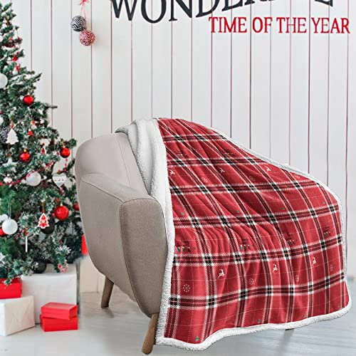 Menghomeus Christmas Sherpa Throw Blanket - Red Xmas Holiday Plaid Fleece Blanket - Flannel Plush Blanket for Couch Bed Sofa, 60" X 80"