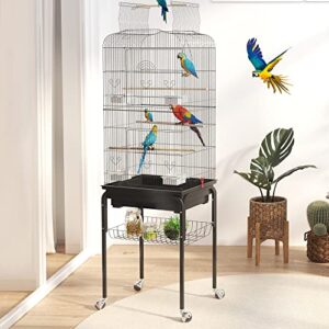 jehiatek 59 inch bird cage with rolling stand, parakeets cage with open top roof, tall bird cage metal bird cage for medium small cockatiel canary conure finches, black, easy to install