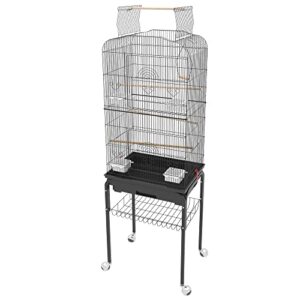 Jehiatek 59 Inch Bird Cage with Rolling Stand, Parakeets Cage with Open Top Roof, Tall Bird Cage Metal Bird Cage for Medium Small Cockatiel Canary Conure Finches, Black, Easy to Install