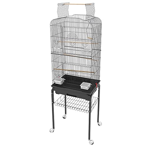 Jehiatek 59 Inch Bird Cage with Rolling Stand, Parakeets Cage with Open Top Roof, Tall Bird Cage Metal Bird Cage for Medium Small Cockatiel Canary Conure Finches, Black, Easy to Install