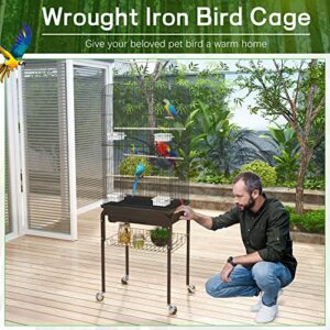Jehiatek 59 Inch Bird Cage with Rolling Stand, Parakeets Cage with Open Top Roof, Tall Bird Cage Metal Bird Cage for Medium Small Cockatiel Canary Conure Finches, Black, Easy to Install