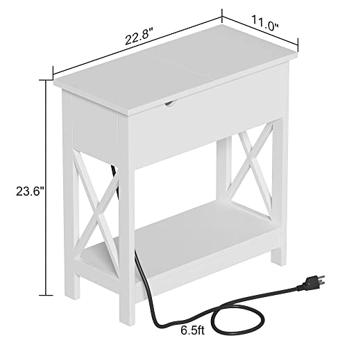 ChooChoo End Table with Charging Station, Narrow Flip Top Side USB Ports & Power Outlets for Small Spaces, Bedside Storage, Nightstand Sofa Living Room, Bedroom White