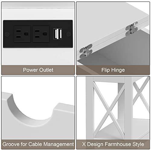 ChooChoo End Table with Charging Station, Narrow Flip Top Side USB Ports & Power Outlets for Small Spaces, Bedside Storage, Nightstand Sofa Living Room, Bedroom White