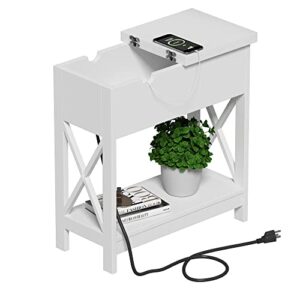 ChooChoo End Table with Charging Station, Narrow Flip Top Side USB Ports & Power Outlets for Small Spaces, Bedside Storage, Nightstand Sofa Living Room, Bedroom White