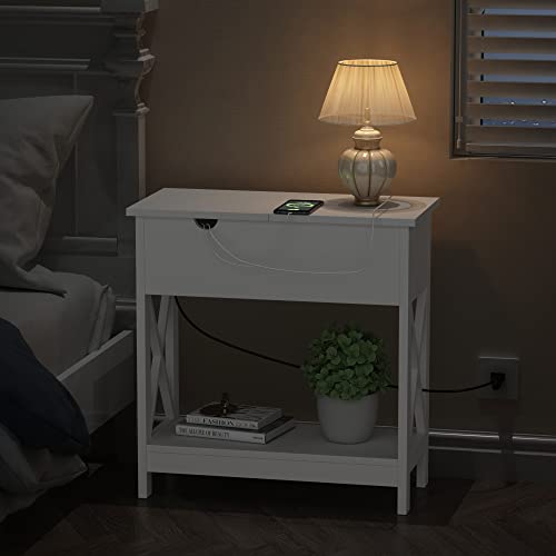 ChooChoo End Table with Charging Station, Narrow Flip Top Side USB Ports & Power Outlets for Small Spaces, Bedside Storage, Nightstand Sofa Living Room, Bedroom White