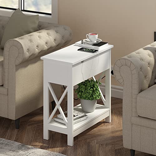 ChooChoo End Table with Charging Station, Narrow Flip Top Side USB Ports & Power Outlets for Small Spaces, Bedside Storage, Nightstand Sofa Living Room, Bedroom White