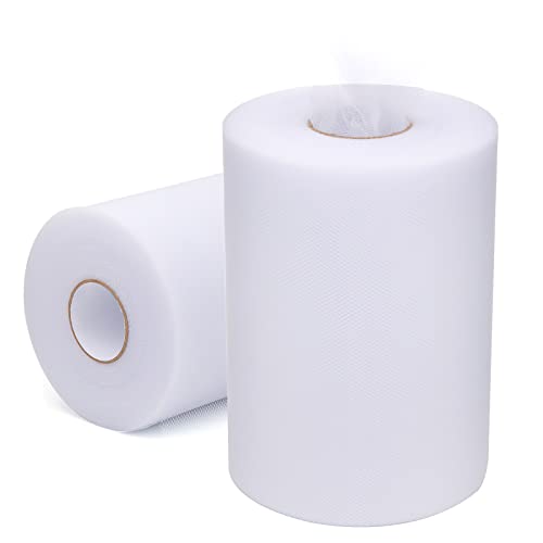 2 Pcs Tulle Fabric Rolls 6 Inch 100 Yards Polyester Tulle Gift Bow Tulle Roll Spool Fabric for Sewing Table Skirt and Birthday Party Wedding Decorations DIY Crafts Supplies (White)