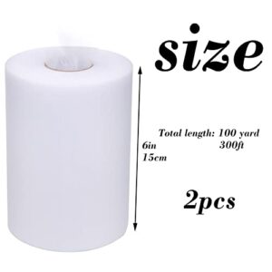 2 Pcs Tulle Fabric Rolls 6 Inch 100 Yards Polyester Tulle Gift Bow Tulle Roll Spool Fabric for Sewing Table Skirt and Birthday Party Wedding Decorations DIY Crafts Supplies (White)