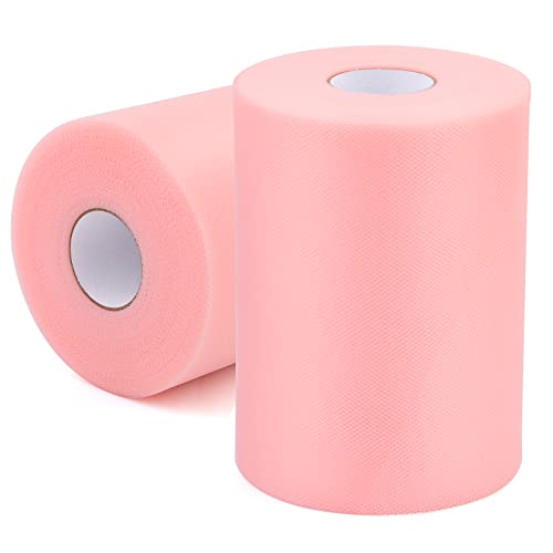 2 Pcs Tulle Fabric Rolls 6 Inch 100 Yards Polyester Tulle Gift Bow Tulle Roll Spool Fabric for Sewing Table Skirt and Birthday Party Wedding Decorations DIY Crafts Supplies (Pink)