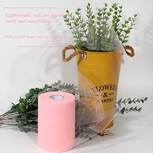 2 Pcs Tulle Fabric Rolls 6 Inch 100 Yards Polyester Tulle Gift Bow Tulle Roll Spool Fabric for Sewing Table Skirt and Birthday Party Wedding Decorations DIY Crafts Supplies (Pink)